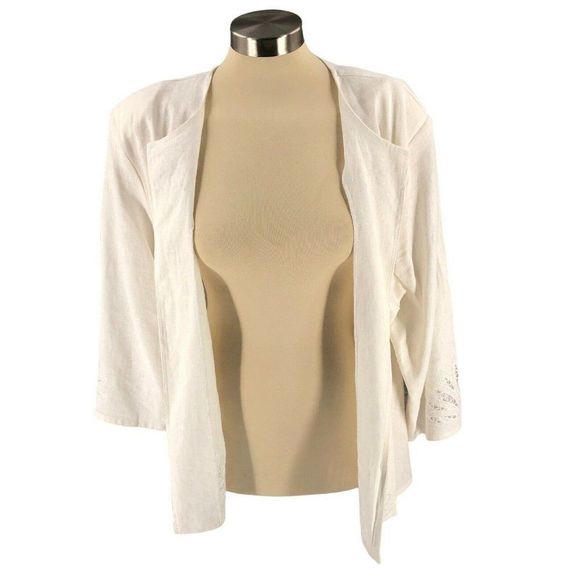 EY Boutique Womens Cardigan 2X XX Ivory Tunic Open Shoulder Pads Linen Long Slv - Picture 4 of 12